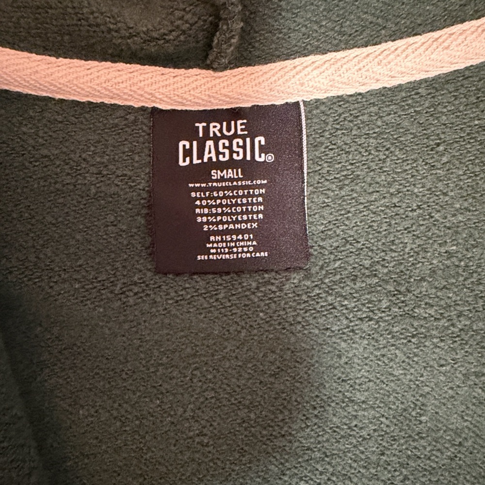 True Classic, Forest Green Full-Zip Hoodie with White Drawstrings small - Picture 6 of 6